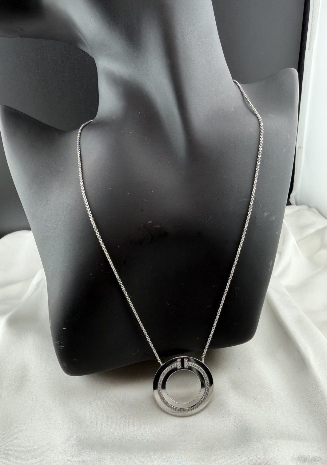 Tiffany & Co. 18k White Gold Diamond T Circle Pendant Necklace Large 30mm 18”