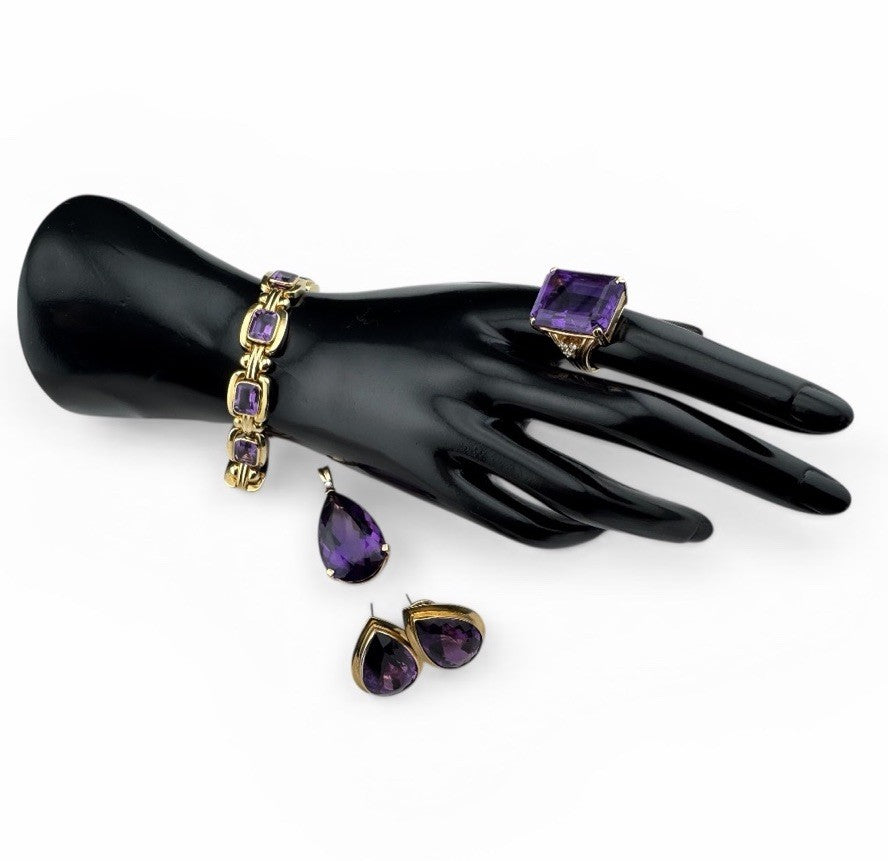 14K Yellow Gold 4 Piece Jewelry Set Bracelet Ring Pendant Earring 70.5G Purple