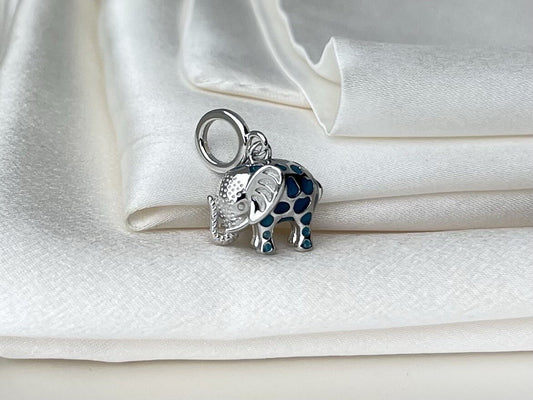 Sterling Silver 925 Dangle Blue Enamel Vibrant Happy Festive Elephant Charm