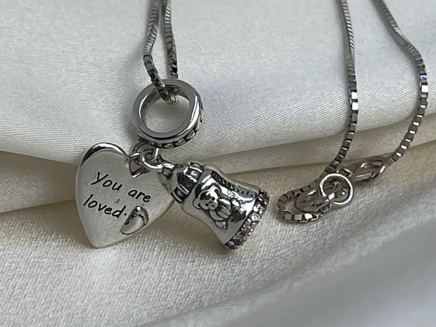 Sterling Silver 925 Baby Foot Bear Bottle You Are Loved Heart Pink Necklace