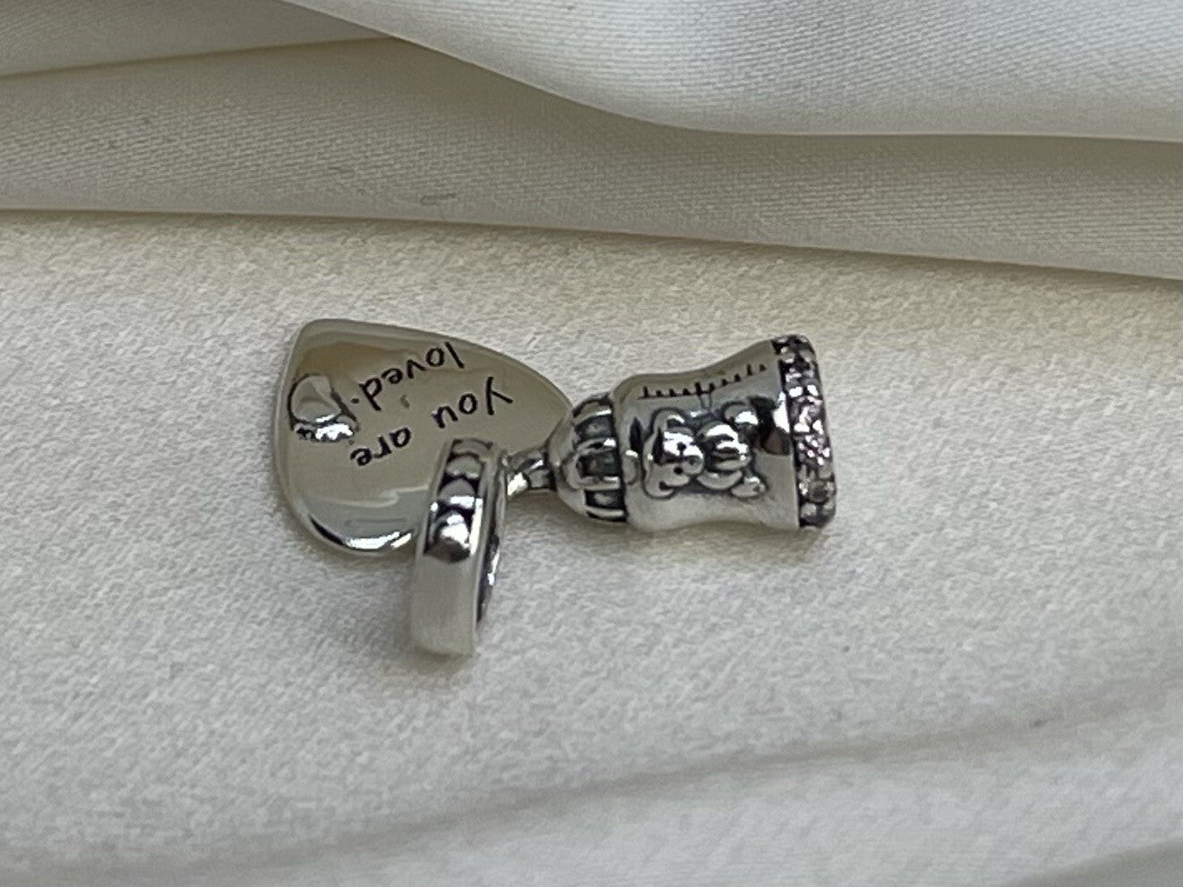 Sterling Silver 925 Baby Foot Bear Bottle You Are Loved Heart Charm Pink Pavé CZ