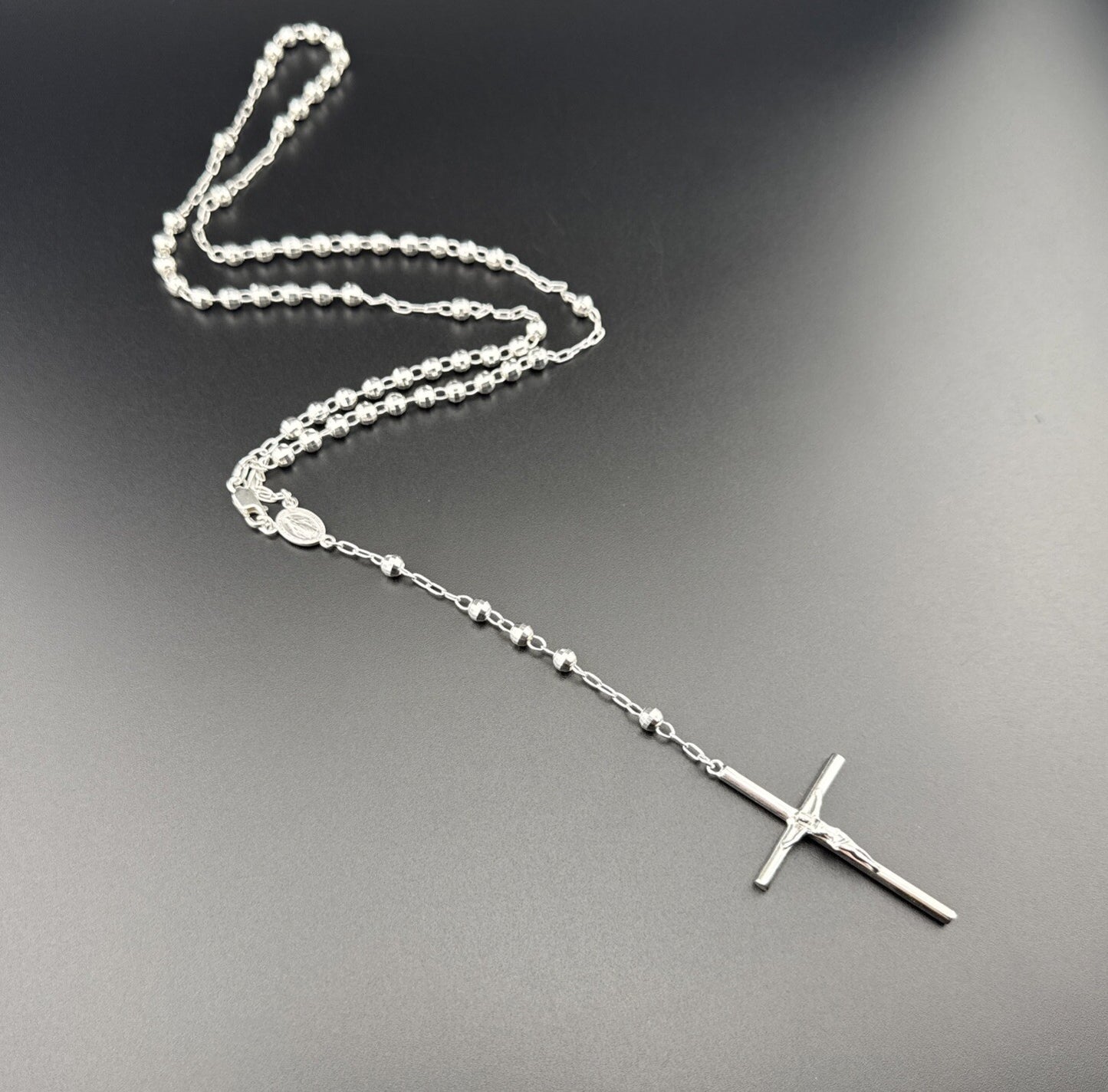 Sterling Silver 925 Rosary Necklace with Mother Mary & Jesus Cross, 24in, 20g