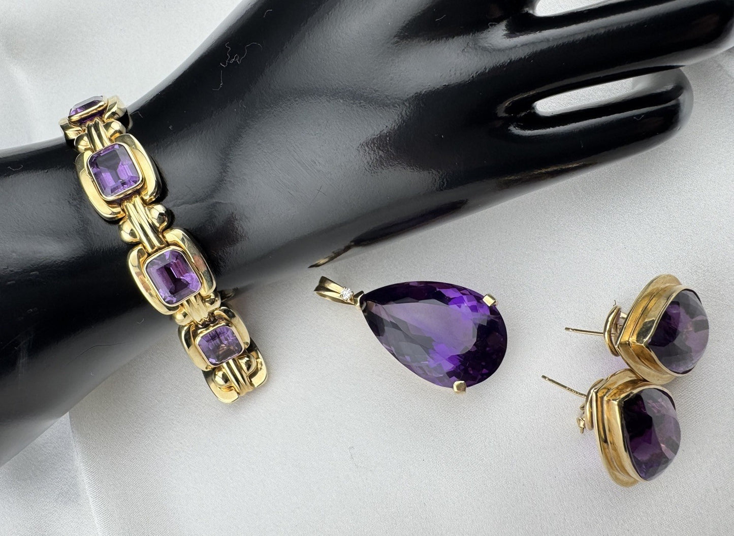 14K Yellow Gold 4 Piece Jewelry Set Bracelet Ring Pendant Earring 70.5G Purple