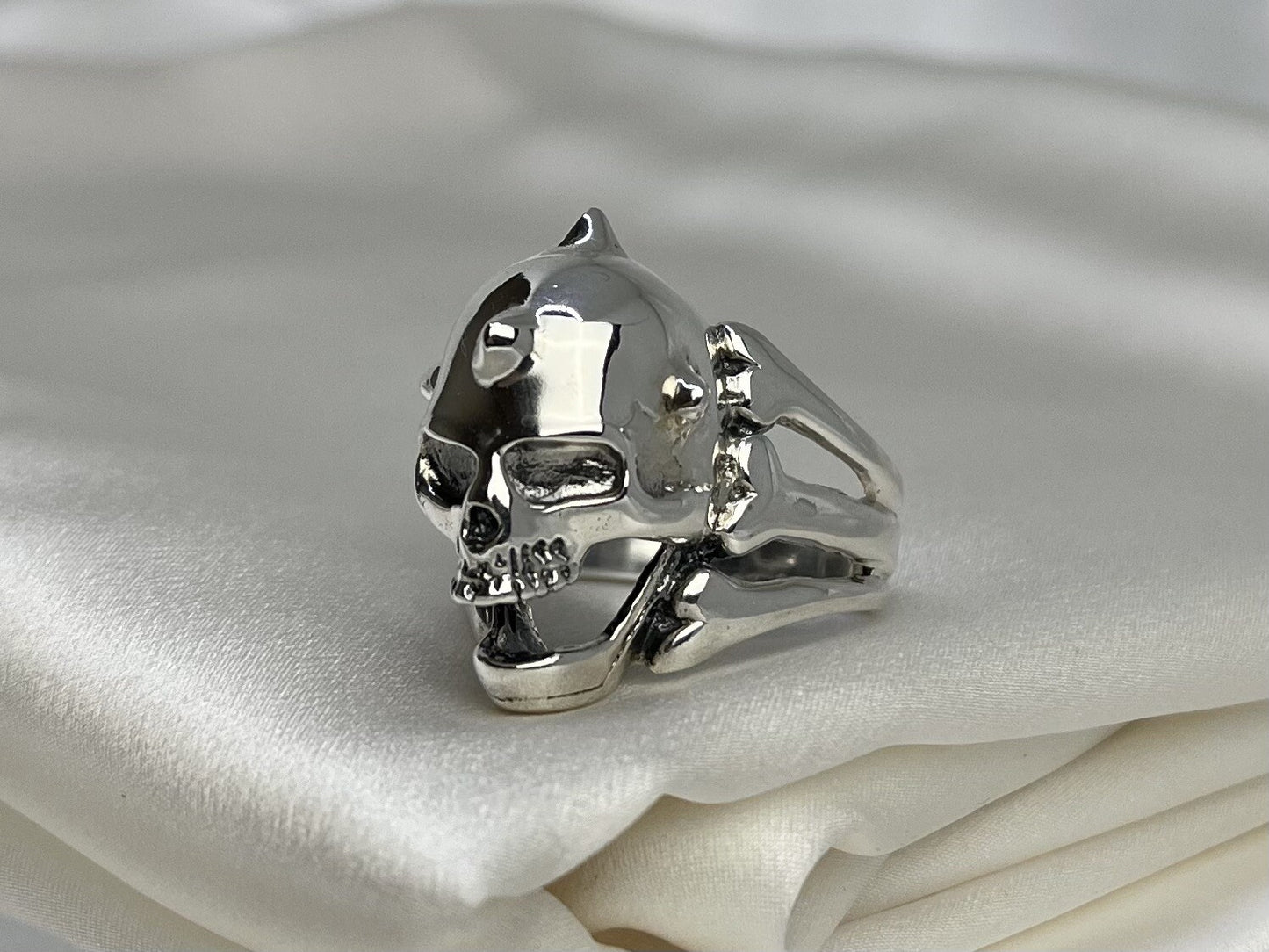 Skull Spikes Biker Warrior 19x28mm Sterling Silver 925 Hand Crafted Ring Sz 13.5