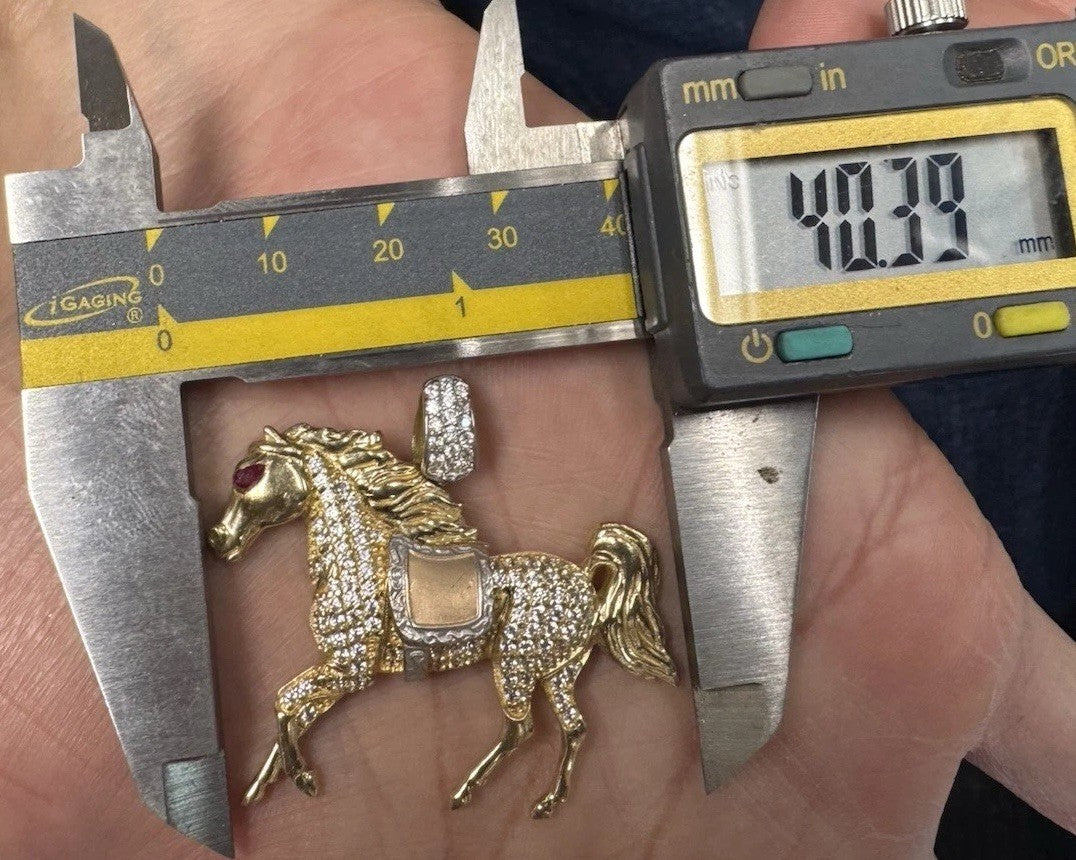 14K Tri Gold 3D Race Horse Pendant 7.3 Grams 40x36mm CZ Diamond Red Eye Stone