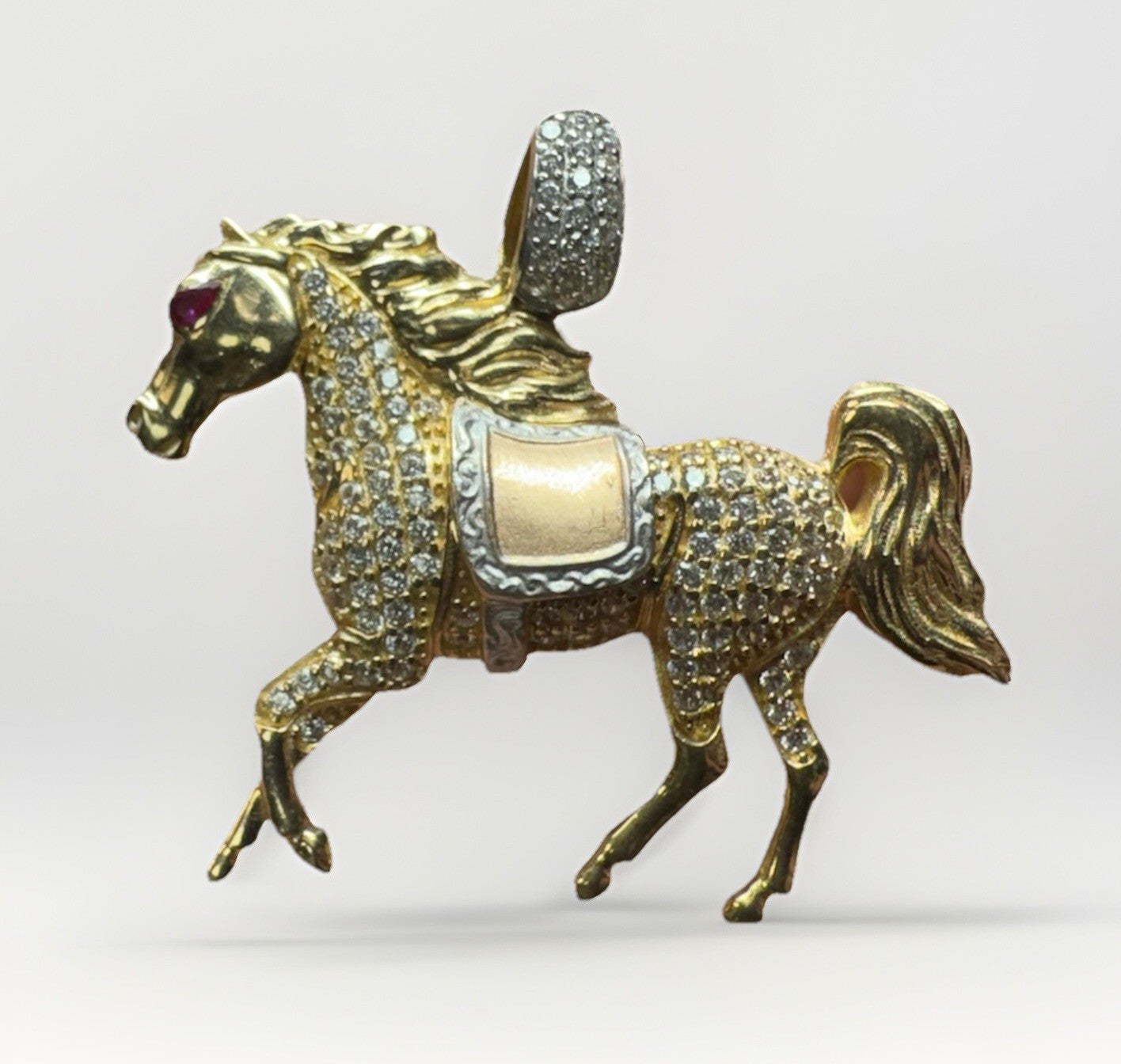 14K Tri Gold 3D Race Horse Pendant 7.3 Grams 40x36mm CZ Diamond Red Eye Stone