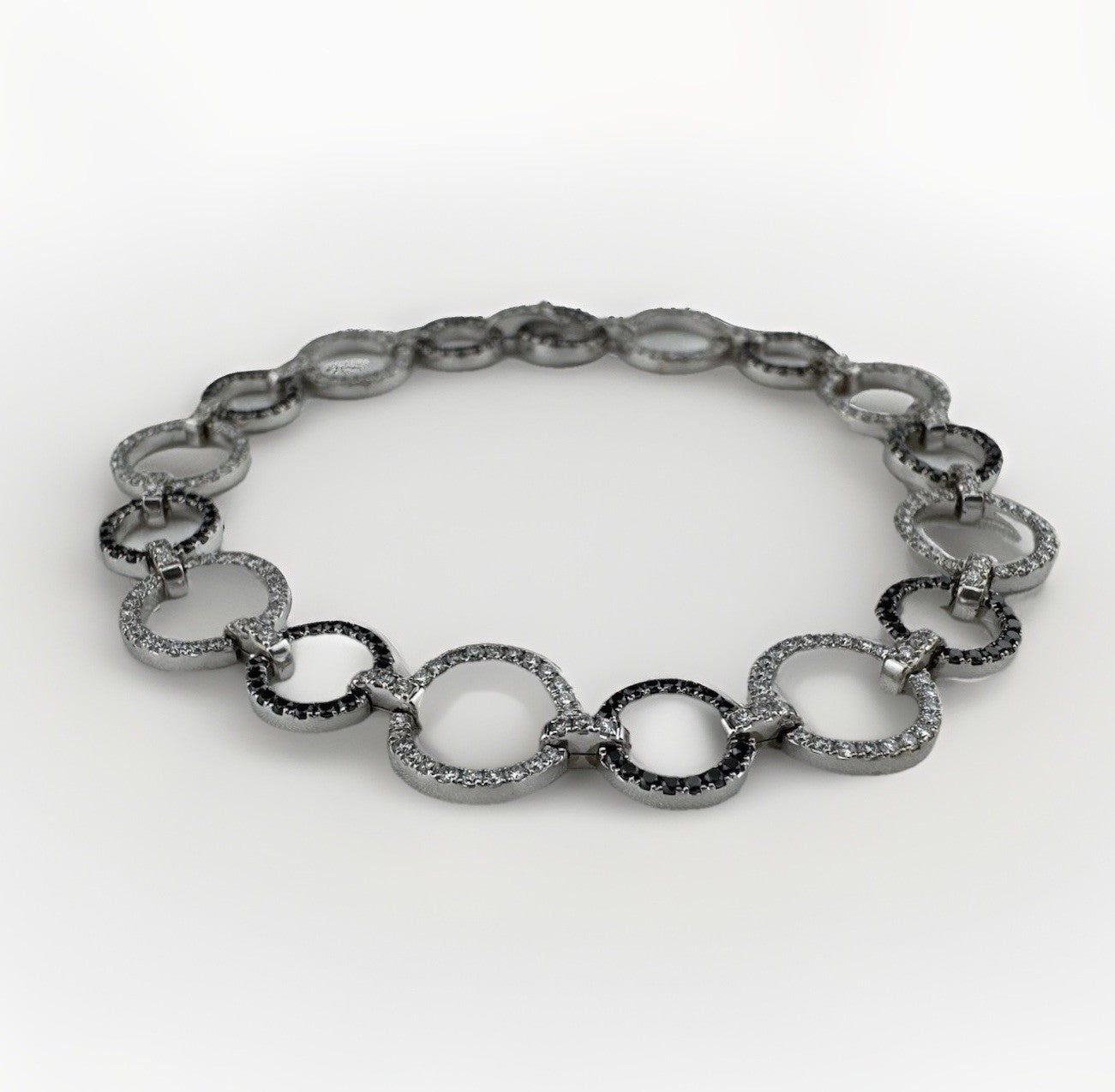 18K White Gold Black & White Diamond Circle Link Tennis Bracelet 10mm 11G Sz 6.7