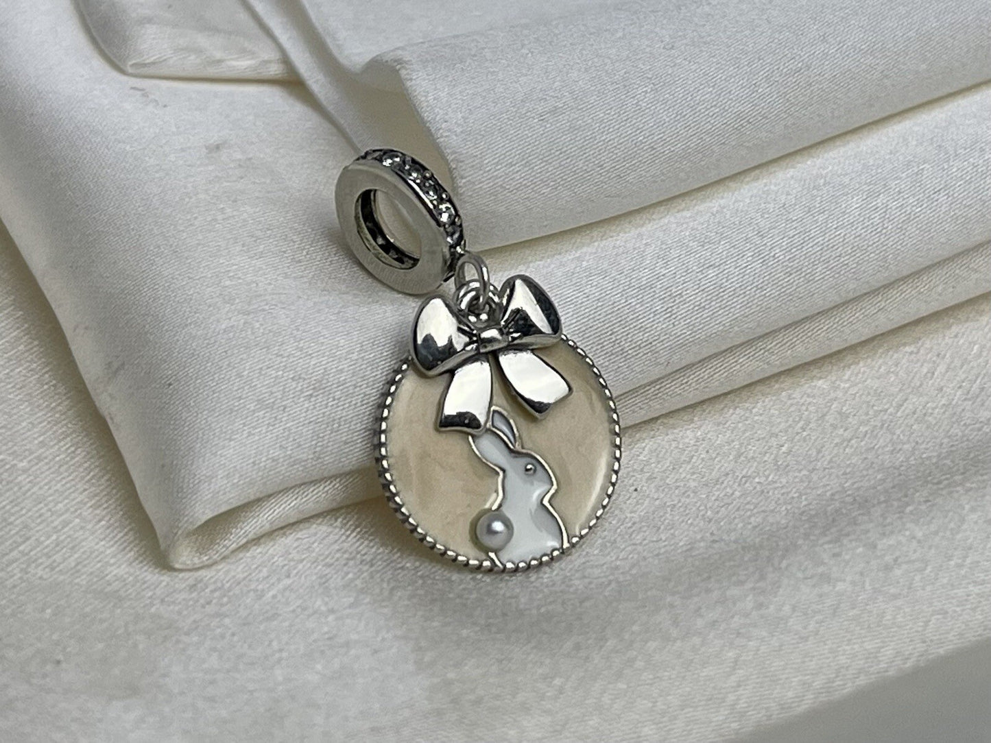 Sterling Silver 925 Enamel Beige Bow Bunny Pearl Cubic Zirconia Dangle Charm