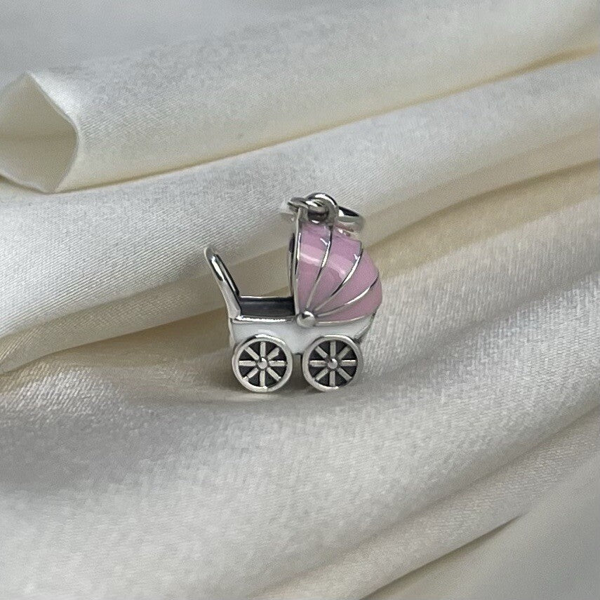 Sterling Silver 925 Cute Enamel Pink & White Baby Carriage Dangle Charm