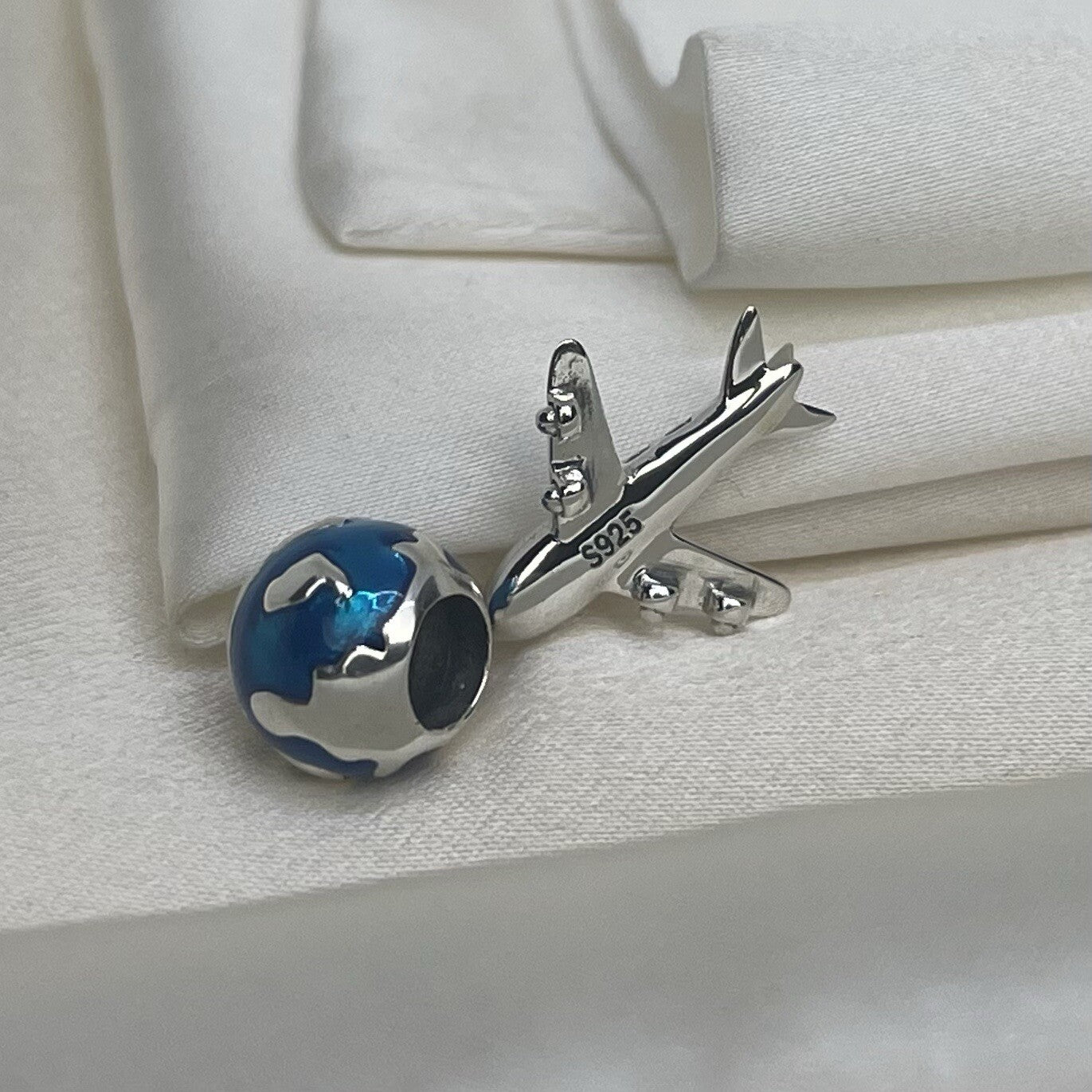 Sterling Silver 925 Enamel Globe Travel Vacation Airplane Memory Dangle Charm