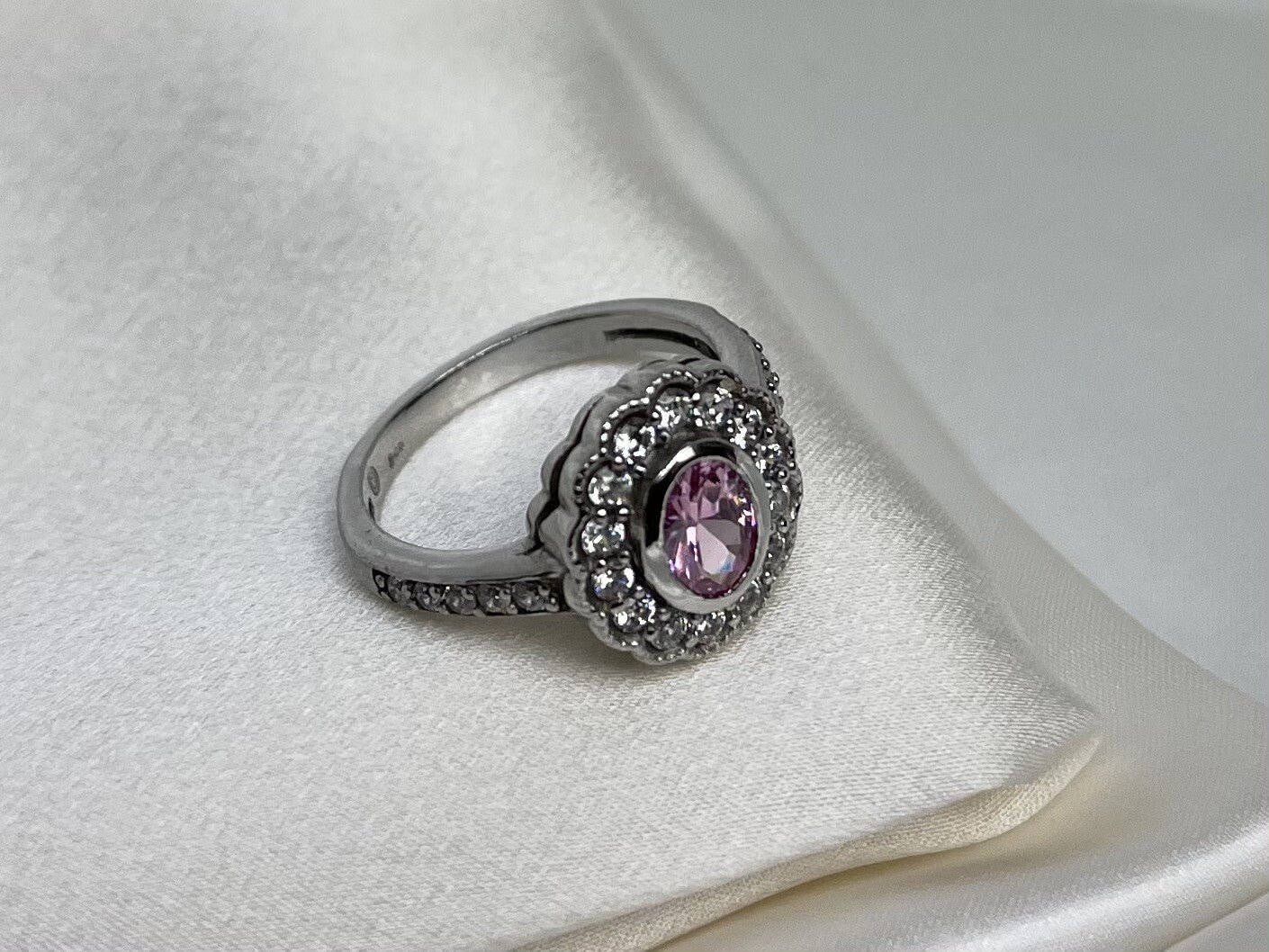 Flower Rose Quartz Cubic Zirconia Ring Rhodium Plated Sterling Silver 925