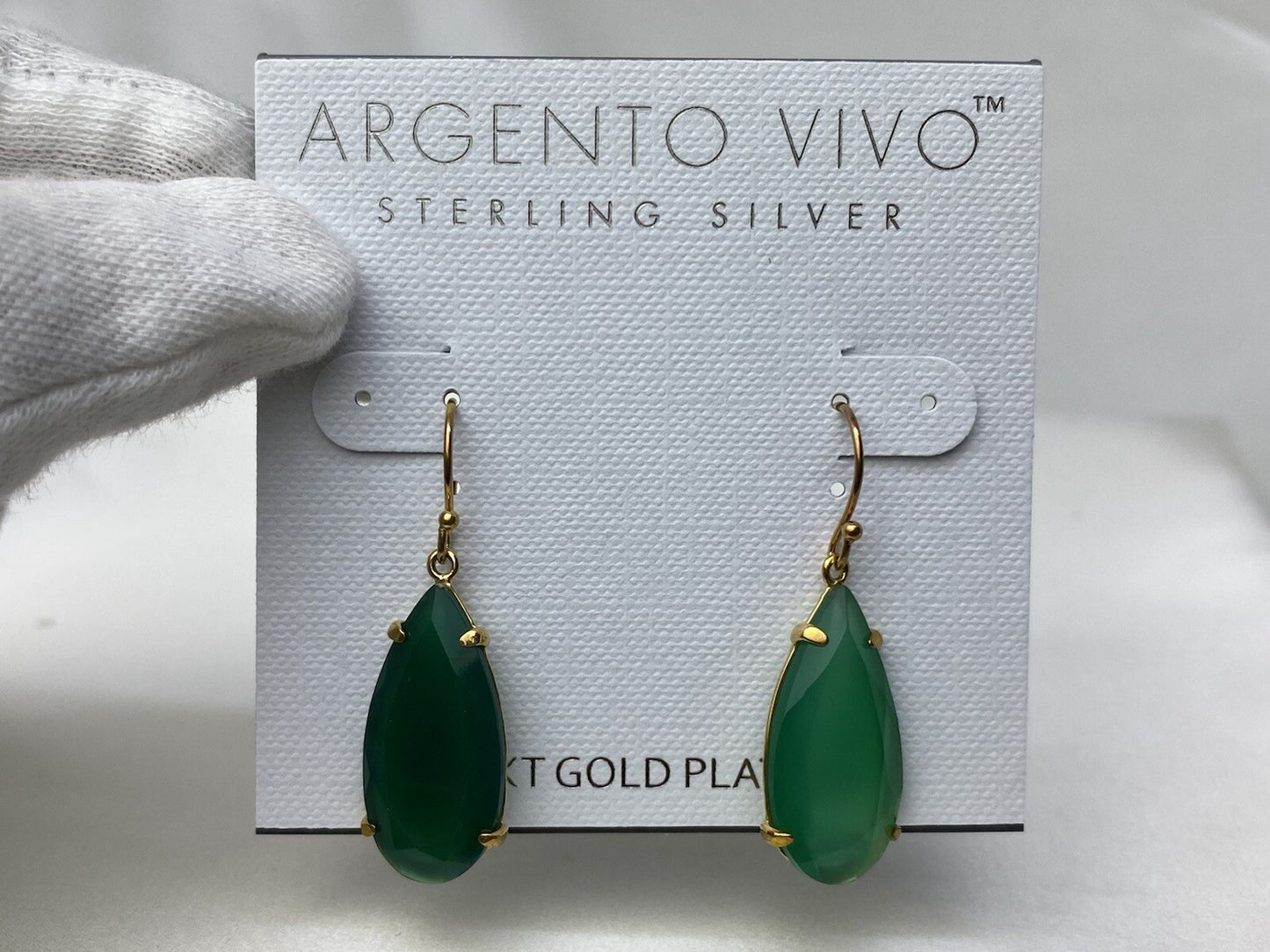 Argento Vivo Silver 14k Gold Plated Green Onyx Teardrop 37mm Dangling Earrings