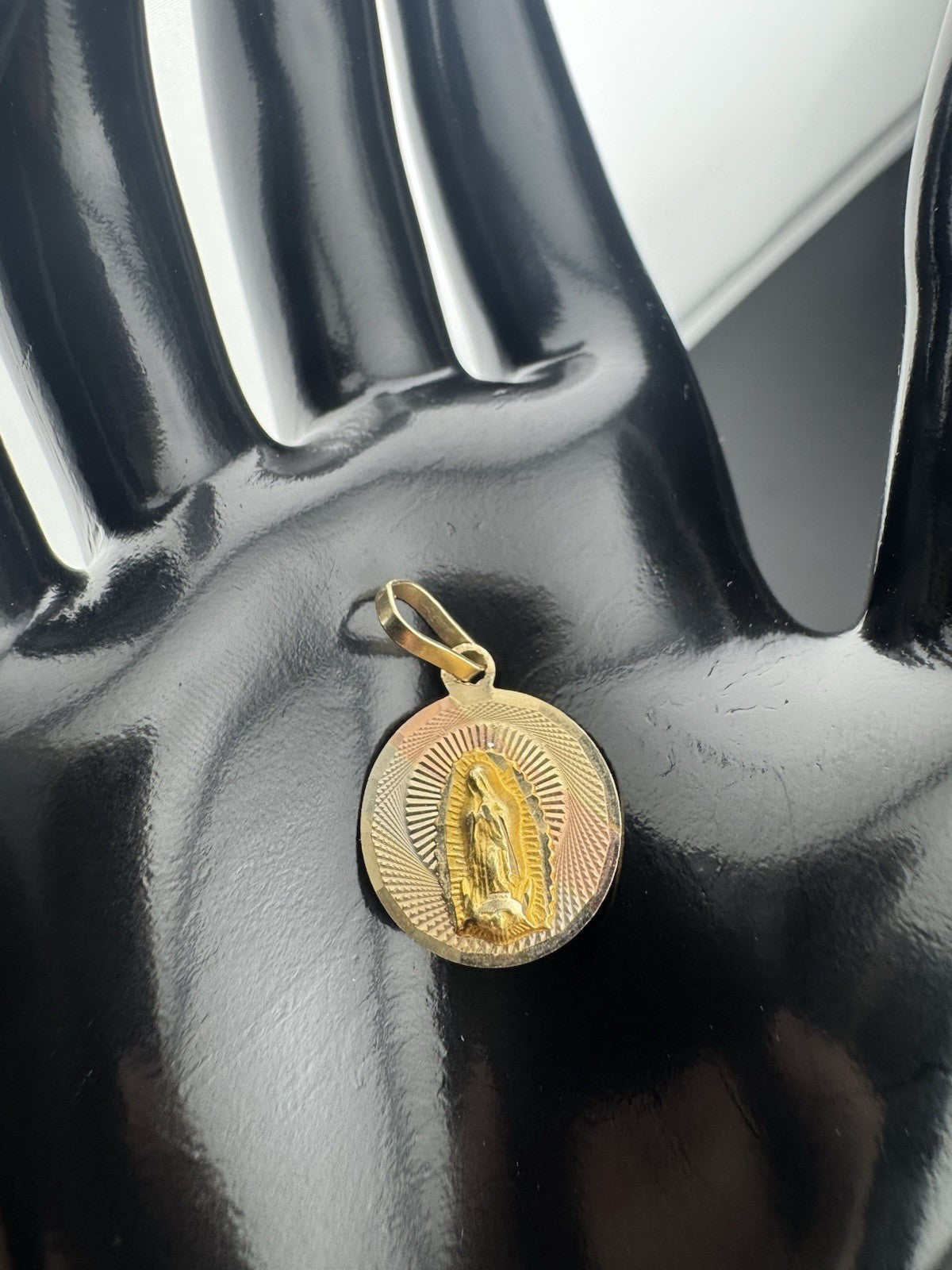 Gold Virgin Mary Guadalupe 14K Tri Gold Round Pendant Charm – 16mm, 1.8 Grams