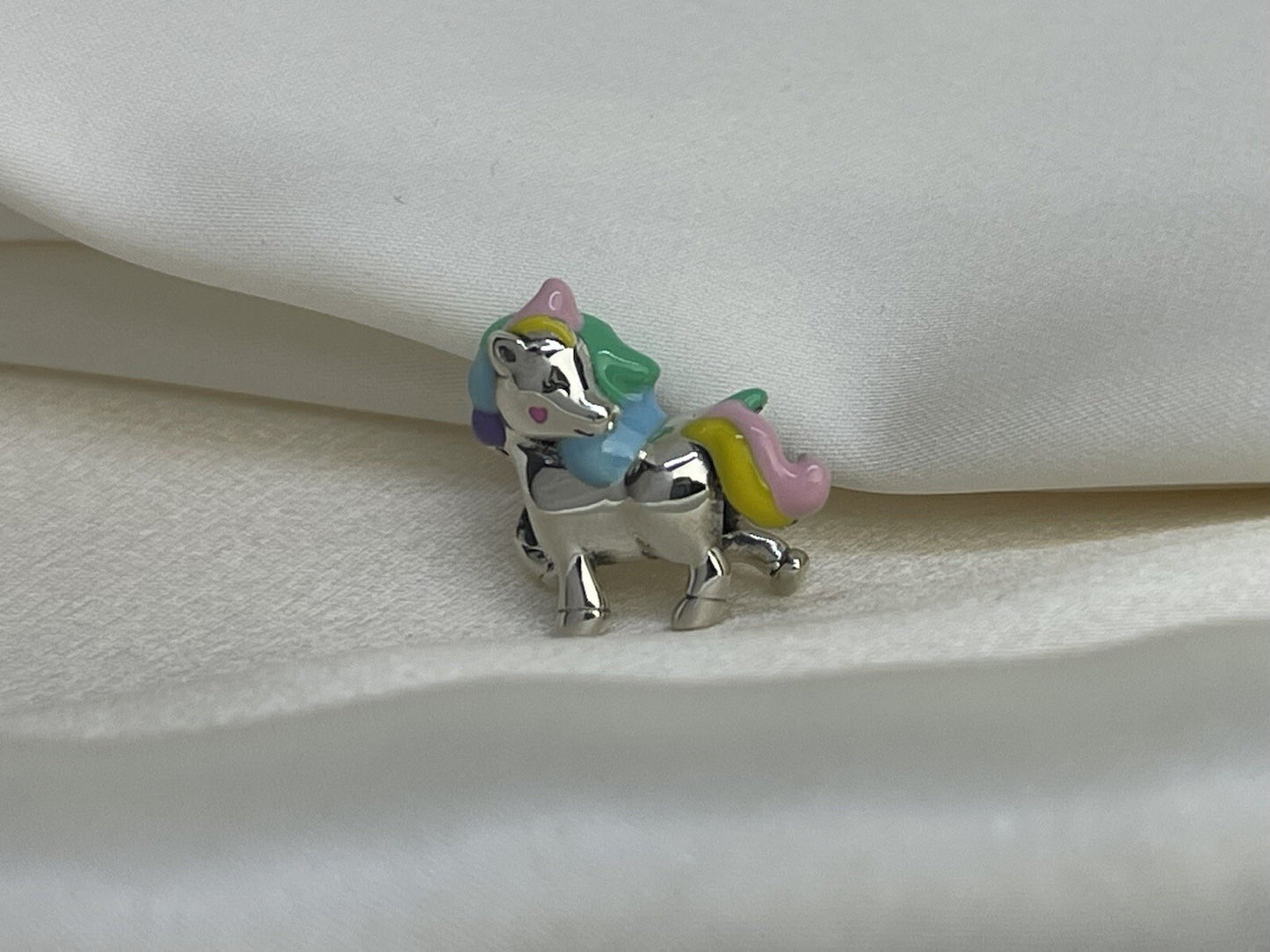Sterling Silver 925 Enamel Rainbow Cotton Candy Unicorn Horse Pony Heart Charm