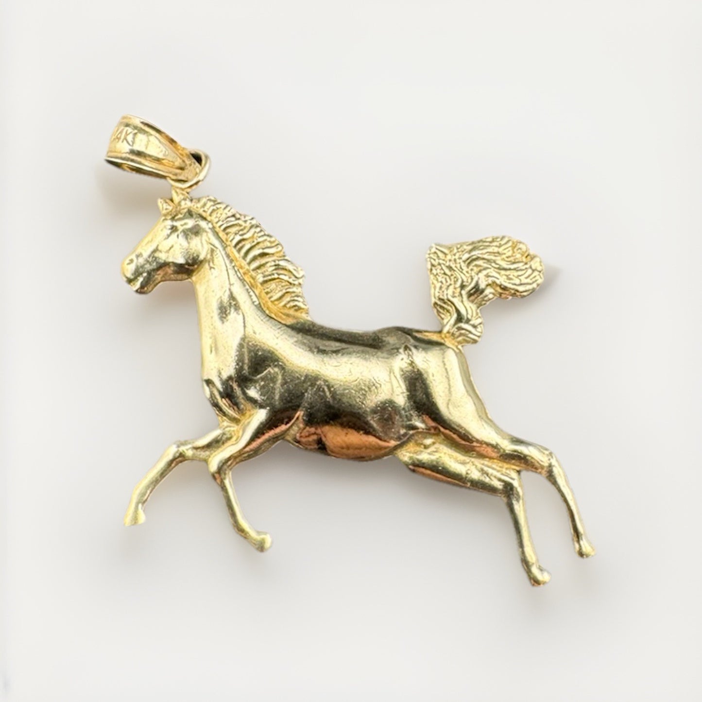 14K Yellow Gold 3D Running Horse Pendant 24.86x25.11mm 2.3 Grams Charm Elegant