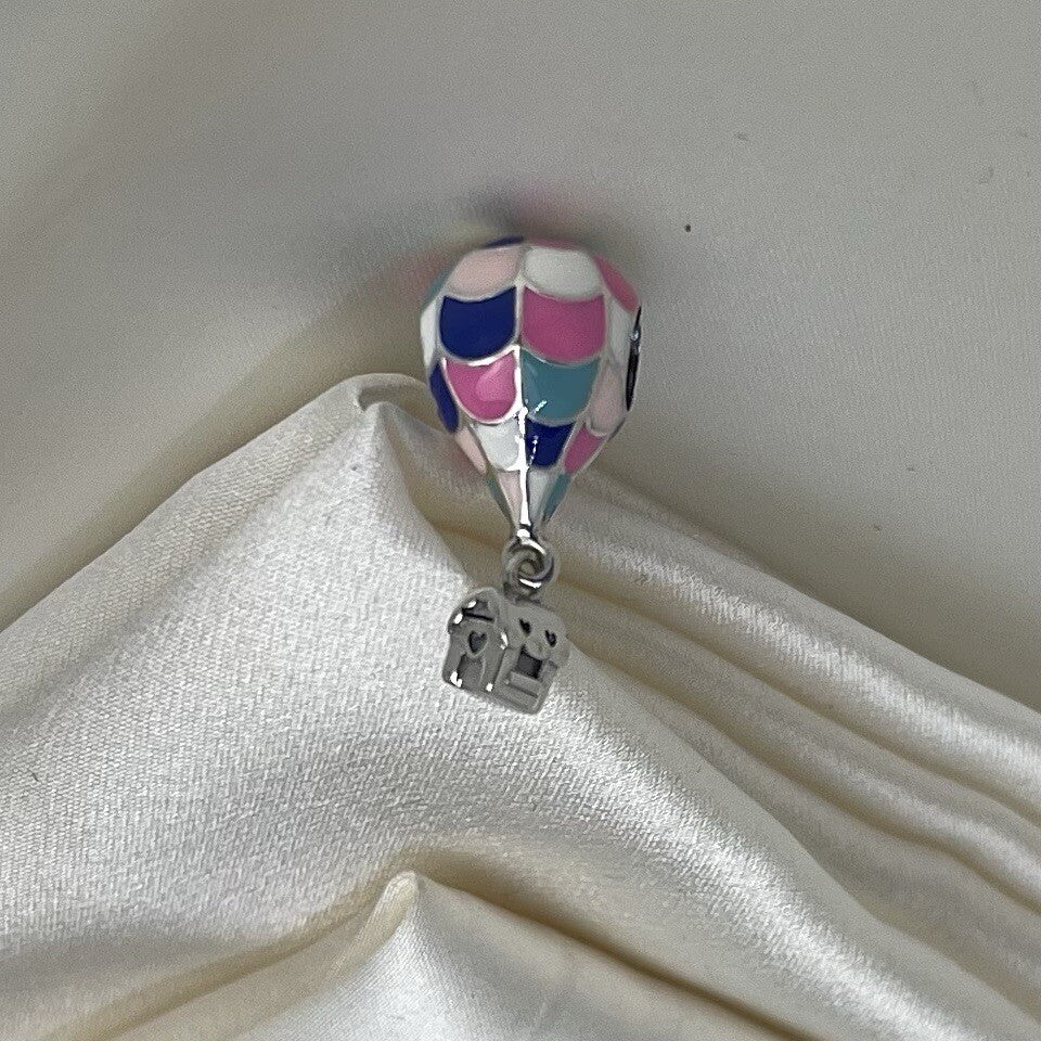 Sterling Silver 925 Enamel Colorful Hot Air Balloon with House Dangle Charm