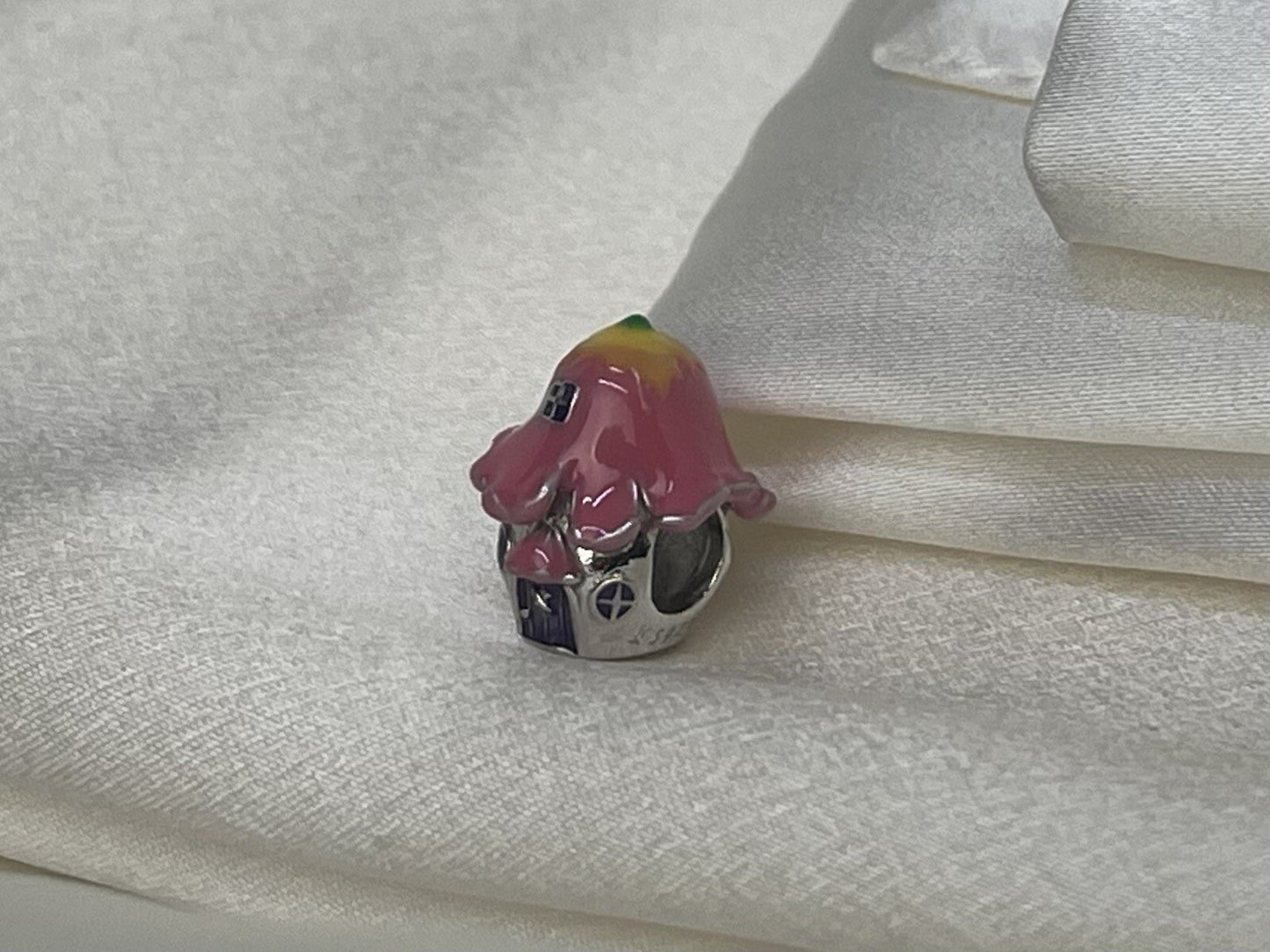 Sterling Silver 925 Enamel Anime Pink Colorful Mushroom House Charm