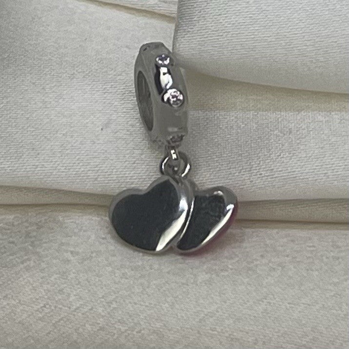 Sterling Silver 925 Enamel Double Heart Love Pink Cubic Zirconia Dangle Charm