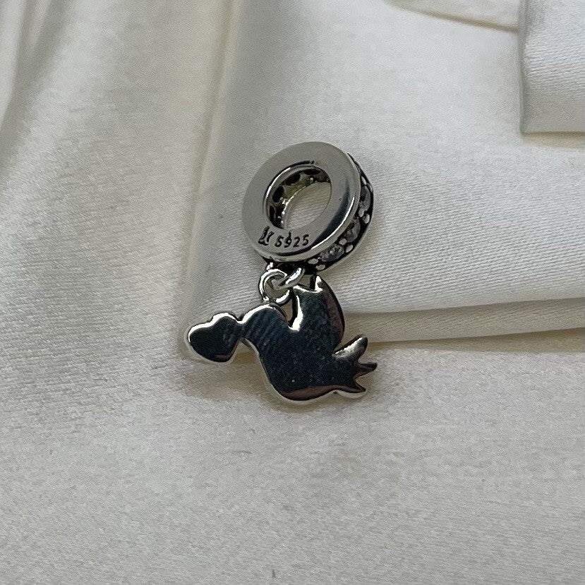 Sterling Silver 925 Enamel Red Heart Dove Peace Love Cubic Zirconia Dangle Charm