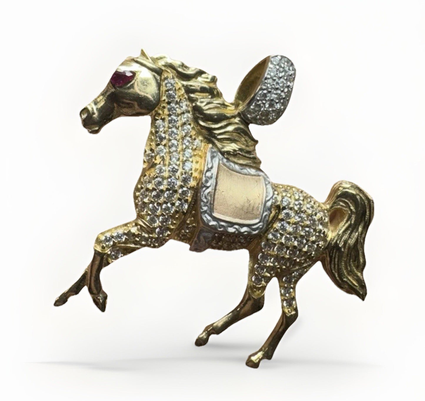 14K Tri Gold 3D Race Horse Pendant 7.3 Grams 40x36mm CZ Diamond Red Eye Stone