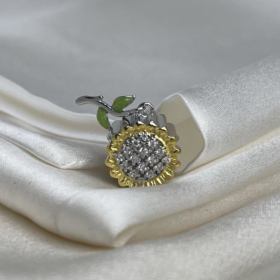 Sterling Silver 925 Enamel Large Cubic Zirconia Vibrant Sunflower Charm