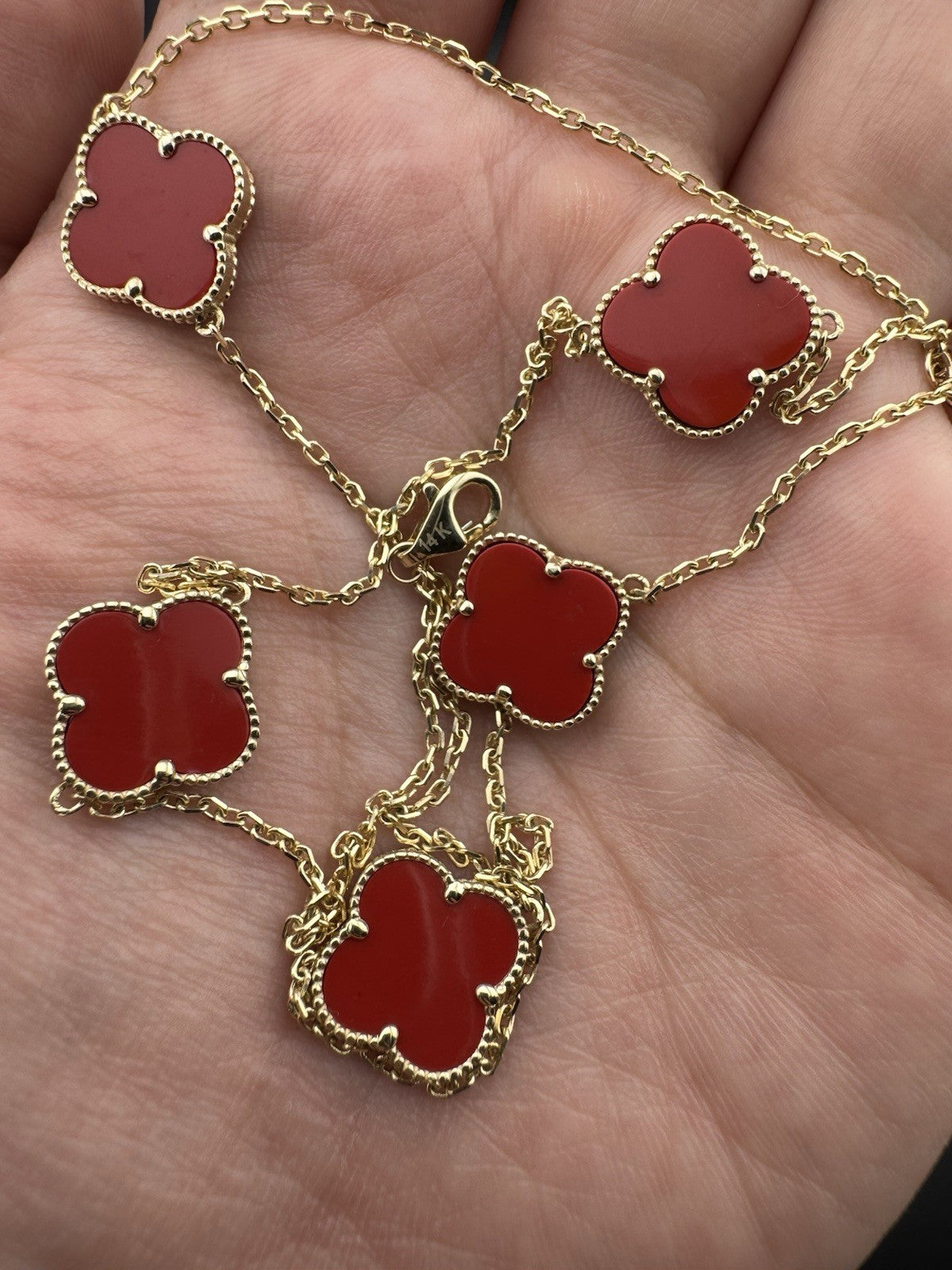 14K Gold Carnelian Sim Stone Lucky Clover Necklace 19.2in Adj 7.3 Gram