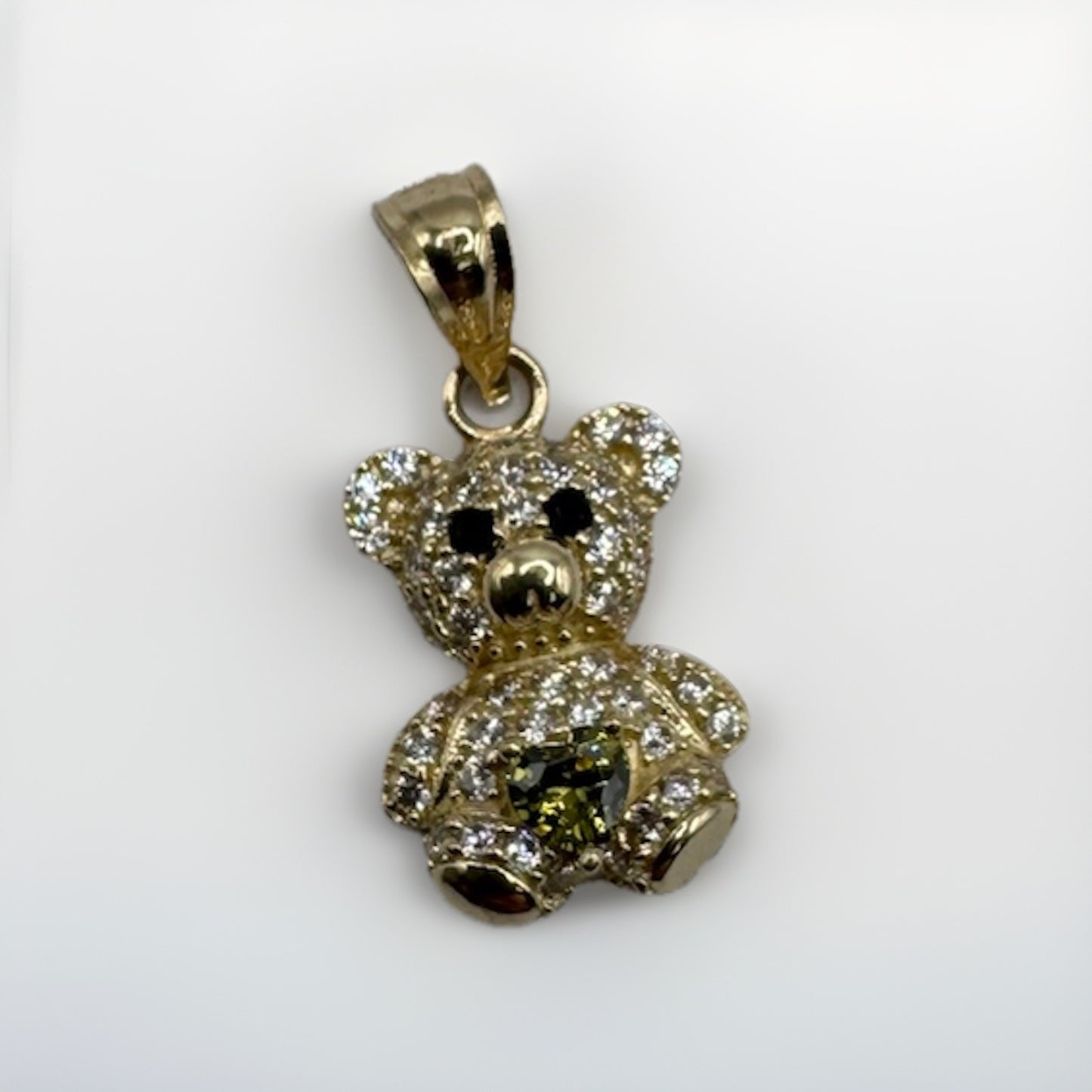 14K Gold Teddy Bear Pendant Green Sim Diamond 19.19x9.92mm 1.3G Beltran Jewelry