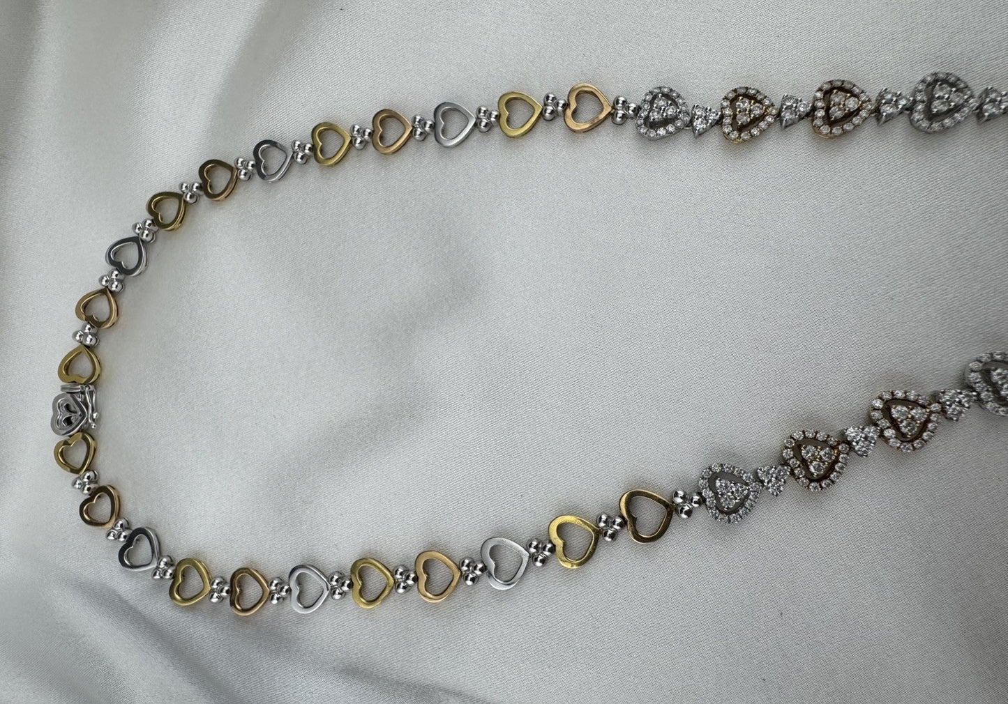 14K Yellow Gold Tri-Tone Heart Necklace Pave Stones 32G 17.25” 8mm Chain