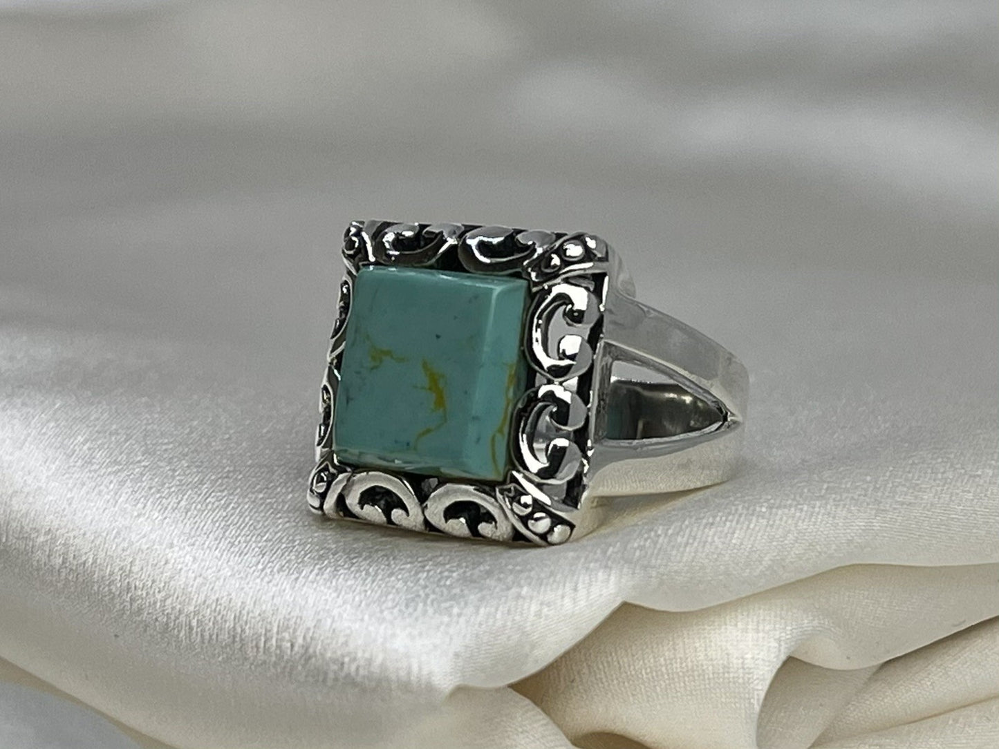 Turquoise Square 18x18mm Sterling Silver 925 Hand Crafted Scroll Ring Sz 7
