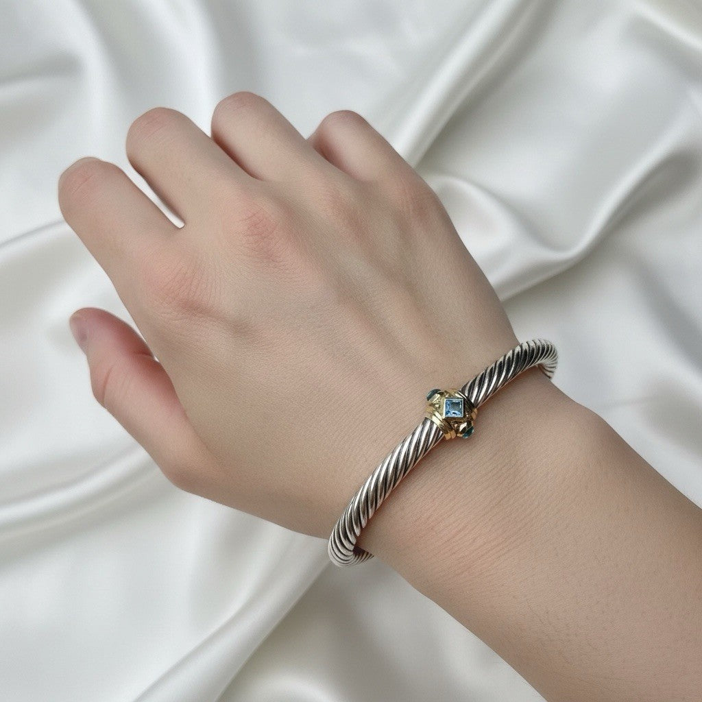 David Yurman Renaissance 5mm Silver Bracelet 14K Gold Topaz & Green Onyx Medium