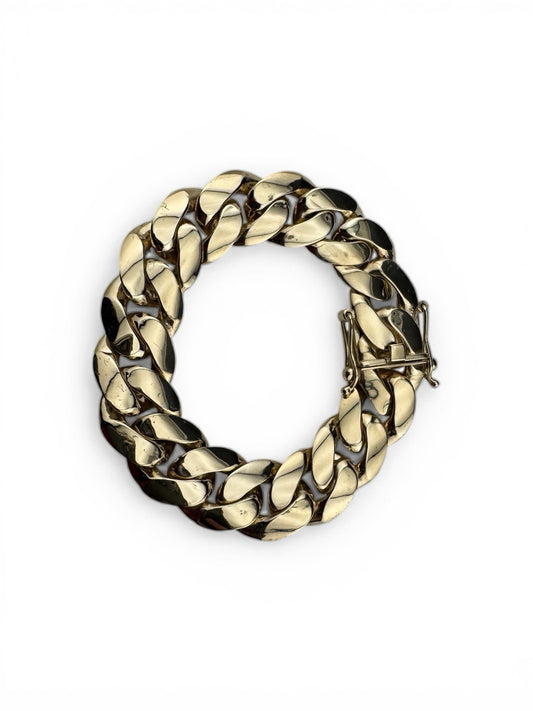 Pulsera Miami Cubana de Oro Amarillo 14K Eslabón 17.6mm 8.2” 45.8G Semi-Sólida Cierre de Caja