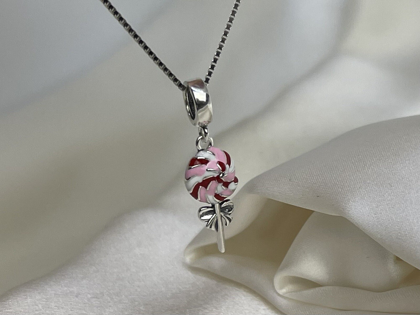 Sterling Silver 925 Enamel Sweet Swirl Lollipop Bow Sugar Candy Charm Necklace