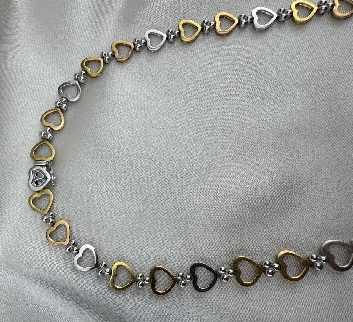 14K Yellow Gold Tri-Tone Heart Necklace Pave Stones 32G 17.25” 8mm Chain