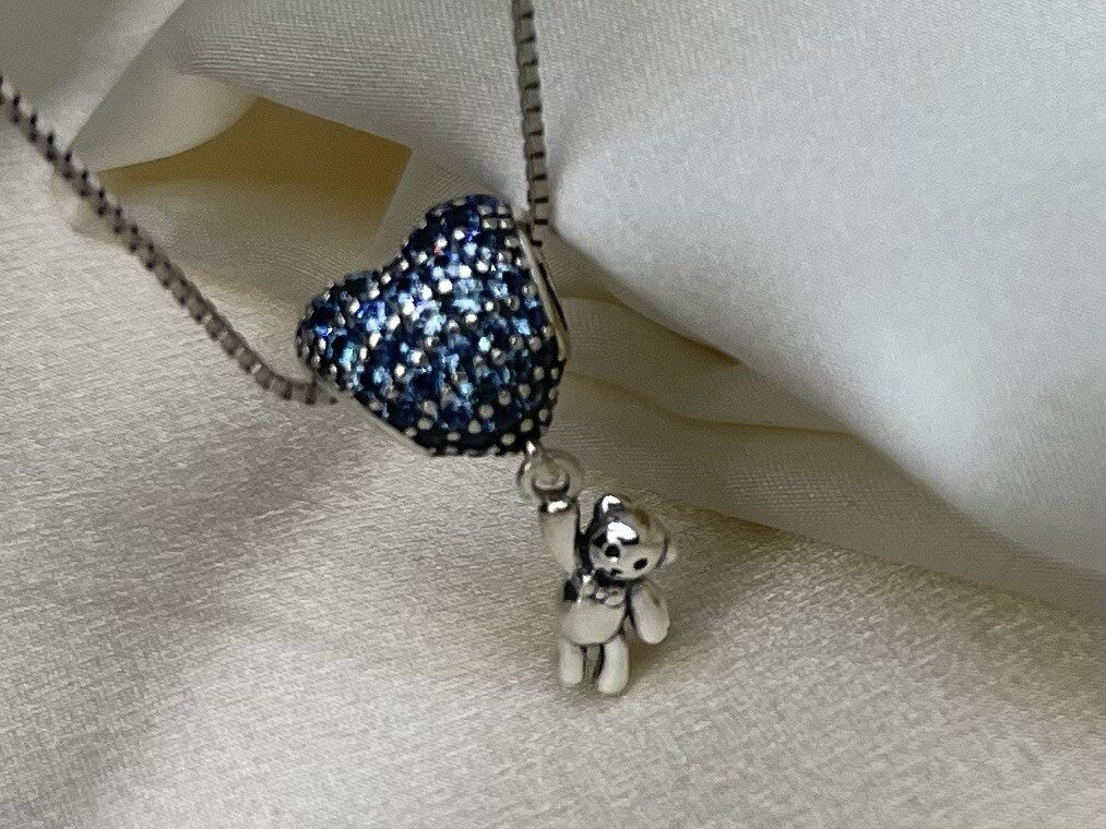 Sterling Silver 925 Blue CZ Love Heart Balloon & Dangling Bear Pendant Necklace