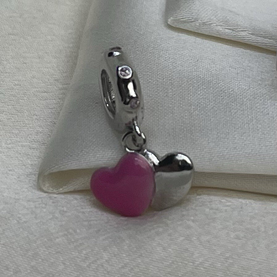 Sterling Silver 925 Enamel Double Heart Love Pink Cubic Zirconia Dangle Charm
