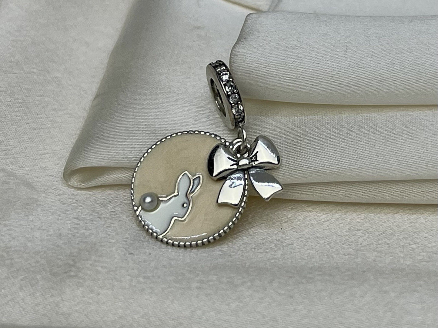 Sterling Silver 925 Enamel Beige Bow Bunny Pearl Cubic Zirconia Dangle Charm