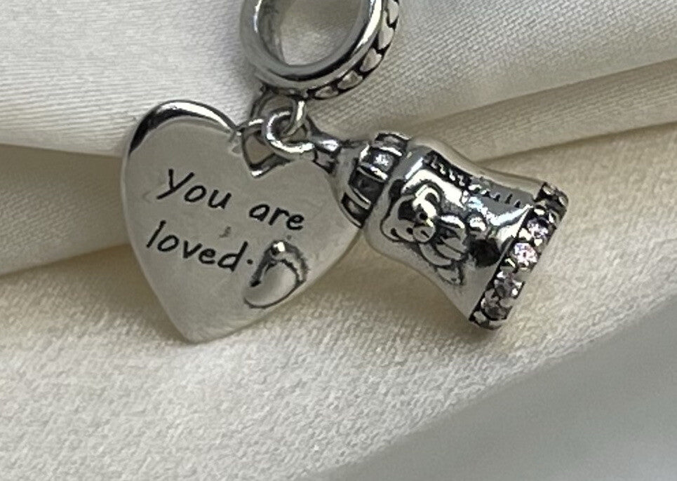 Sterling Silver 925 Baby Foot Bear Bottle You Are Loved Heart Charm Pink Pavé CZ