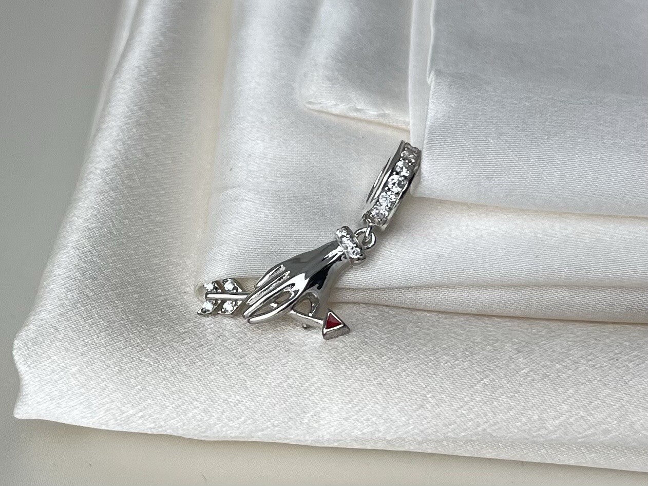 Sterling Silver 925 Enamel Valentine Cupid Hand Love Bow & Arrow Dangle Charm CZ
