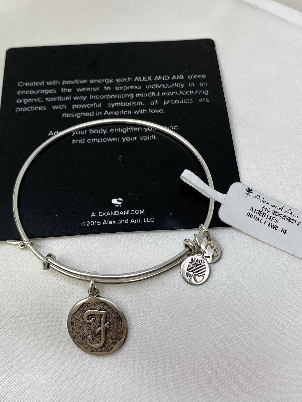 Alex and Ani Initial F Wire Rafaelian Silver Charm Bangle Bracelet