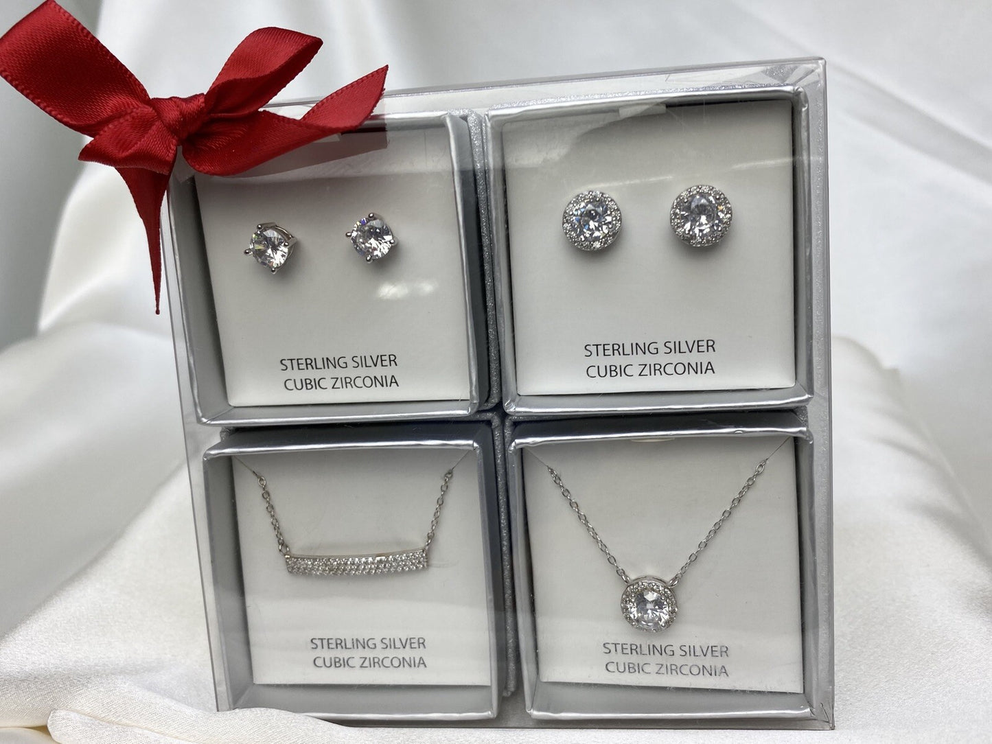 Macys Cubic Zirconia Sterling Silver 925 Jewelry Set Earrings Pendant Necklace