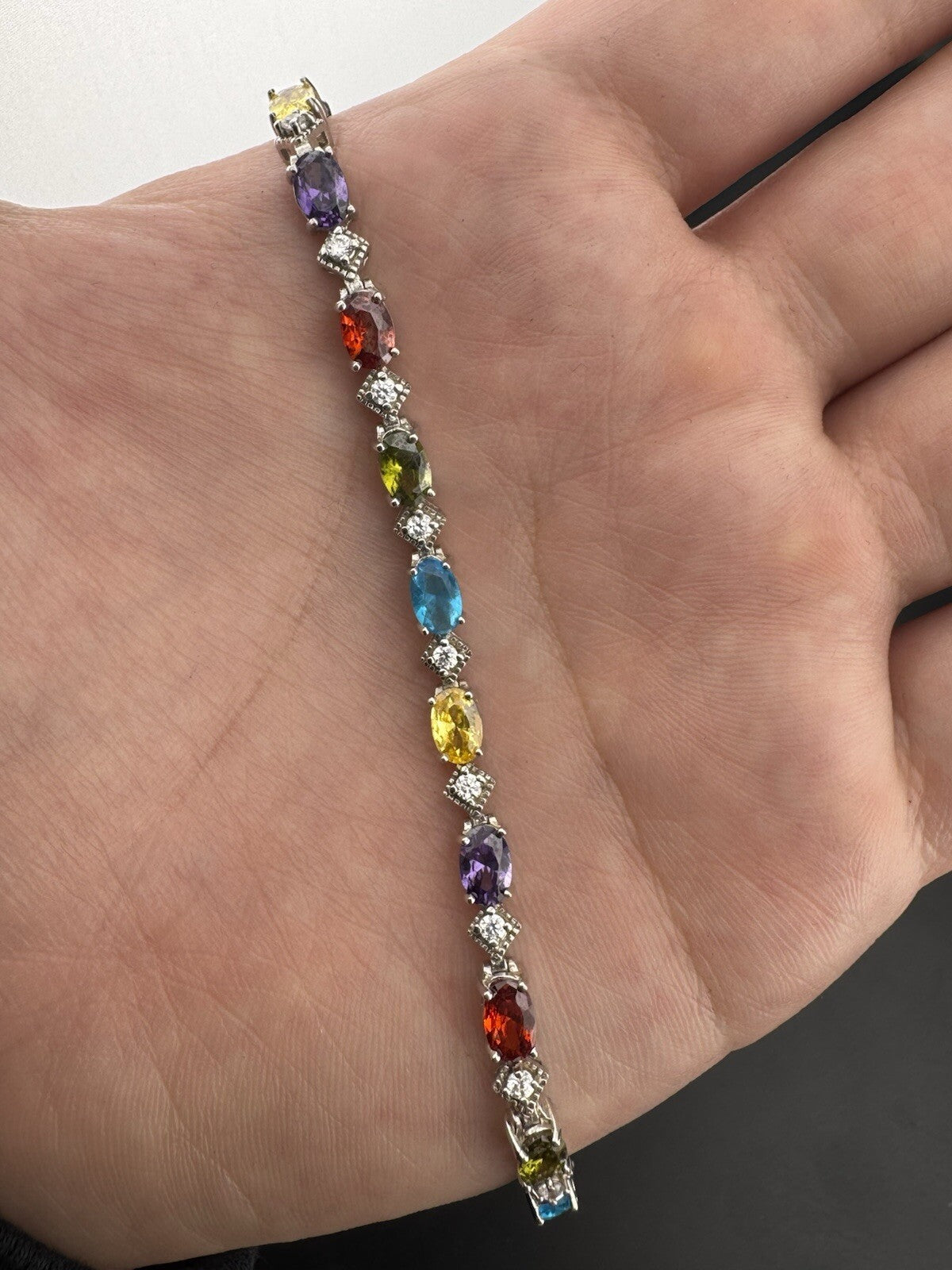 Vintage 925 Sterling Fine Silver Rainbow Gem Simulated Diamond Bracelet 7.5 10G