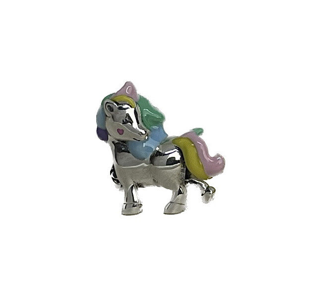 Sterling Silver 925 Enamel Rainbow Cotton Candy Unicorn Horse Pony Heart Charm