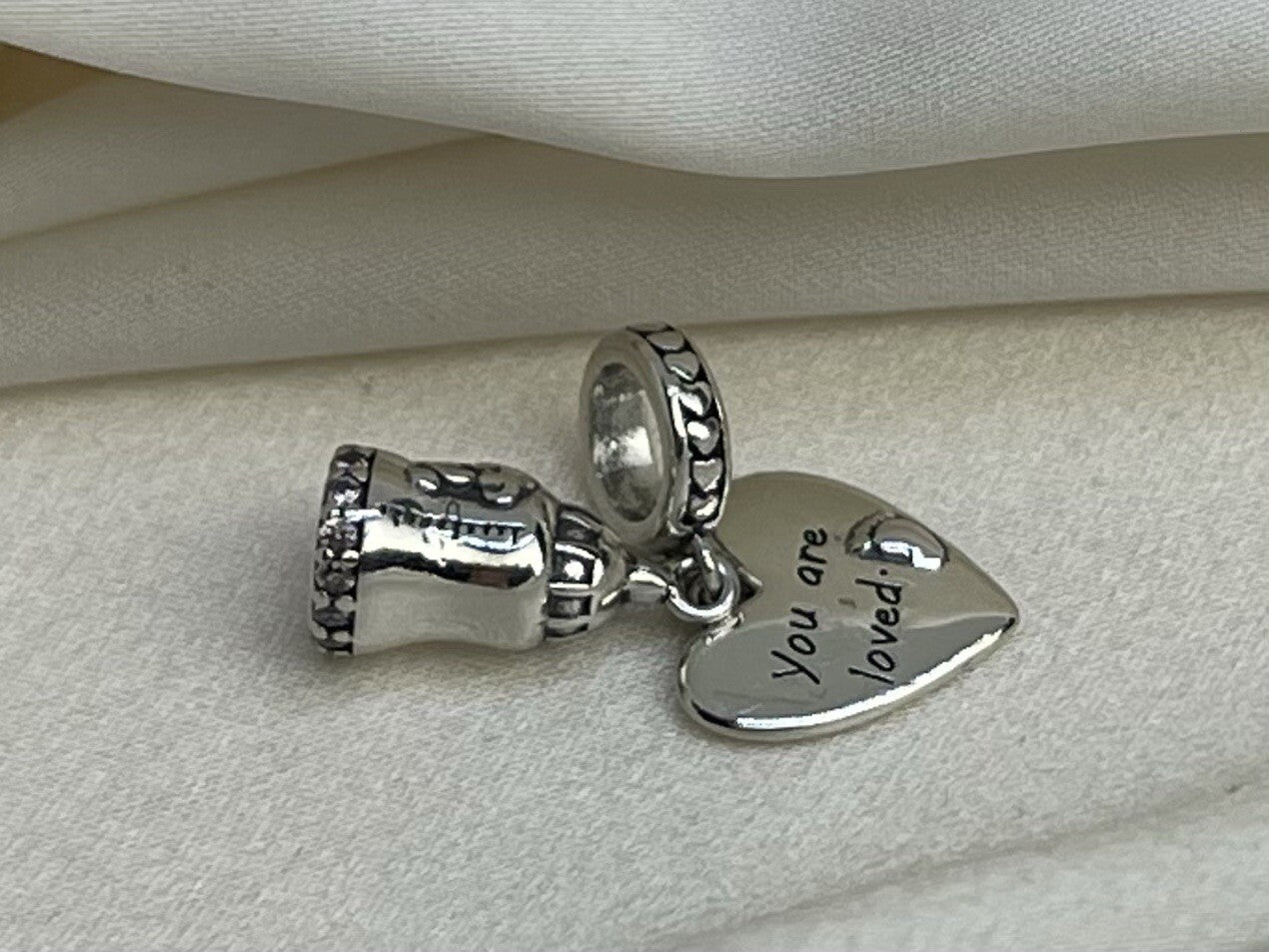 Sterling Silver 925 Baby Foot Bear Bottle You Are Loved Heart Charm Pink Pavé CZ