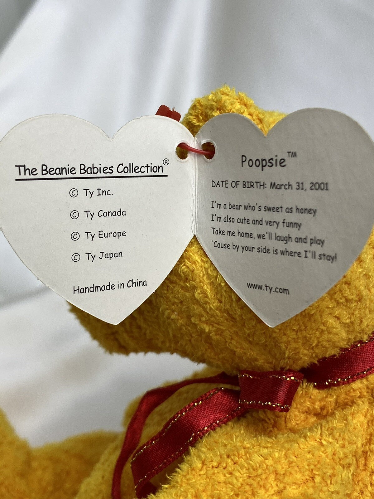 Ty Beanie Baby Poopsie The Yellow Bear Plush W Hang Tag Protector 2001 Retired