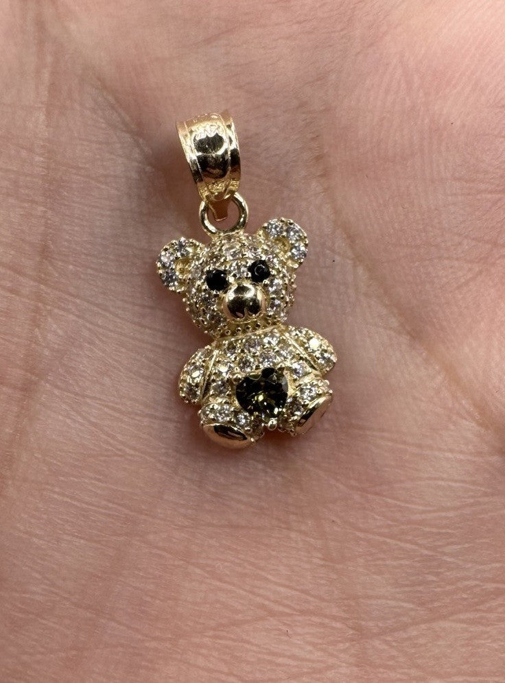 14K Gold Teddy Bear Pendant Green Sim Diamond 19.19x9.92mm 1.3G Beltran Jewelry