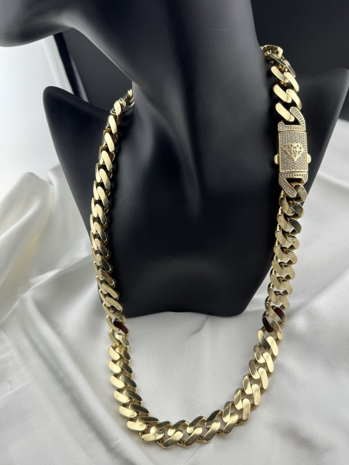 14K Yellow Gold Miami Cuban Link Chain Necklace 14.7mm 24.5 76.4 Gram Semi-Solid
