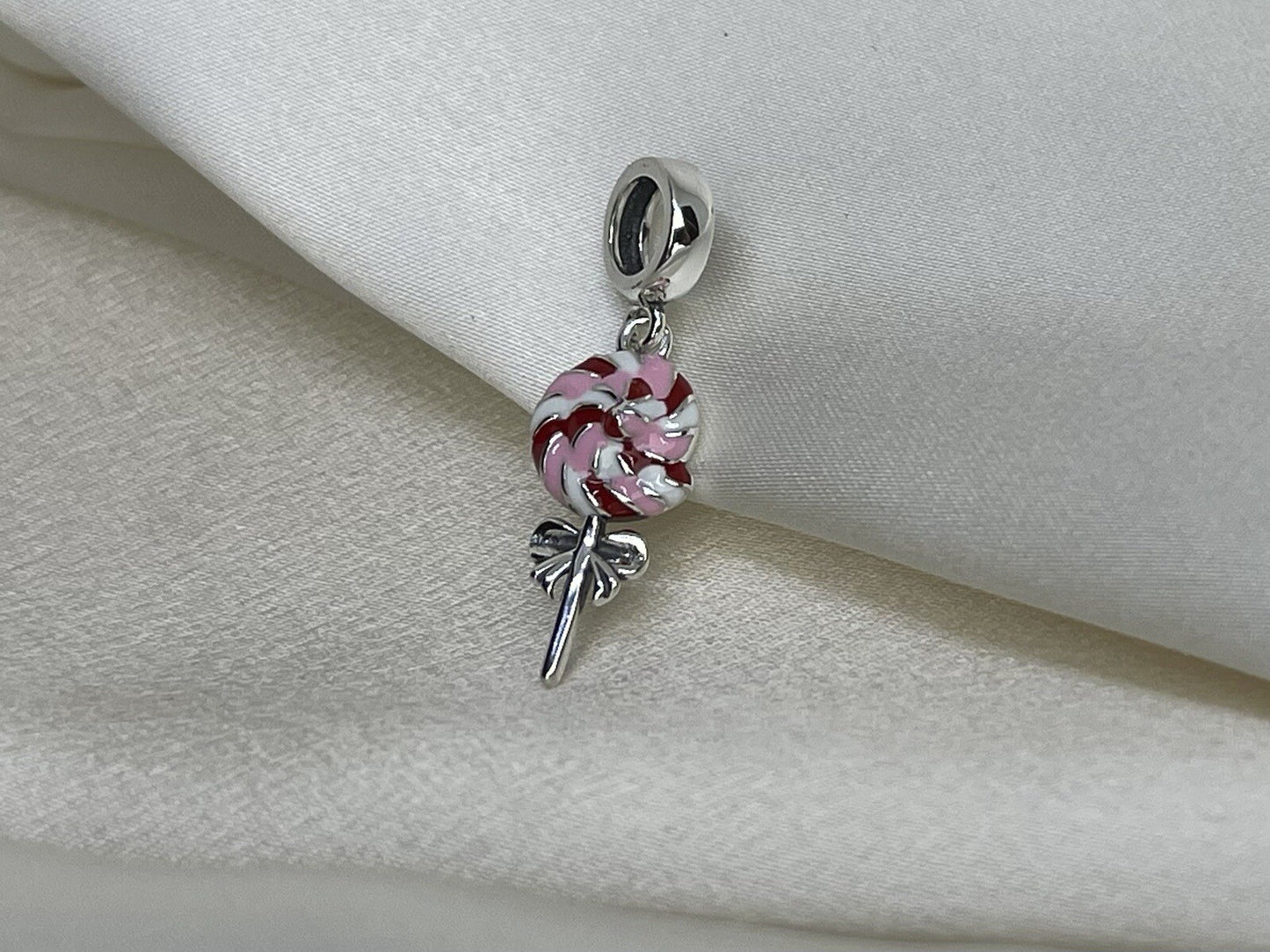 Sterling Silver 925 Enamel Sweet Swirl Lollipop Bow Sugar Candy Charm Necklace