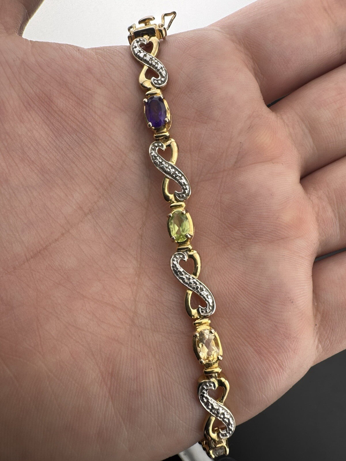 925 Fine Silver Plated Gold Multicolor Gem Infinity Heart XO Bracelet 7.5 10.4G