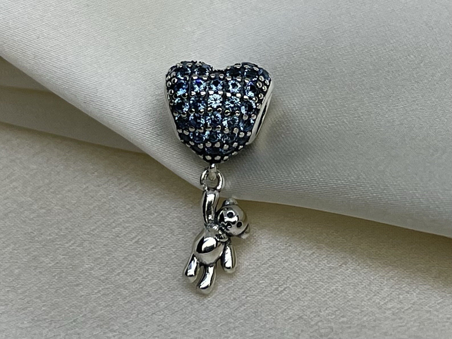 Sterling Silver 925 Blue Cubic Zirconia Love Heart Balloon & Dangling Bear Charm