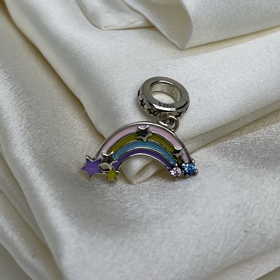 Sterling Silver 925 Cute Enamel Rainbow Stars Pink Blue CZ Stones Dangle Charm